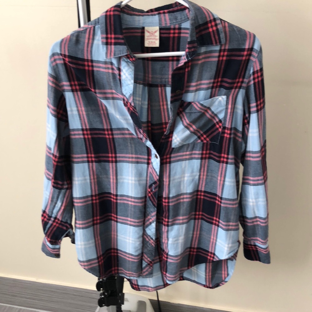 3 for $15— Blue & Coral Flannel Button Up